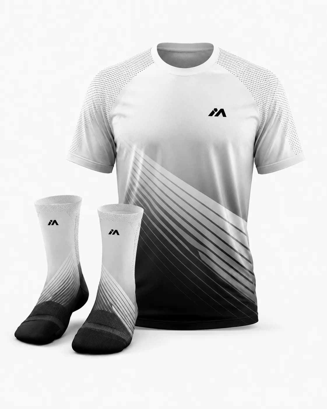 Pack maillot et chaussettes de running MINAO Shadow noir et blanc – vues de face et de dos