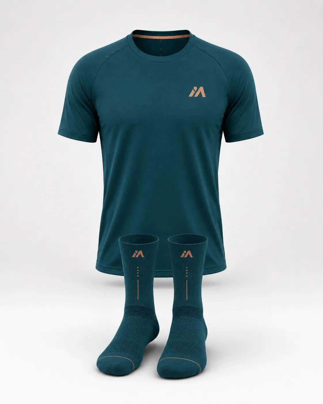 Pack maillot et chaussettes de running MINAO Abysse vert et cuivre – vues de face et de dos