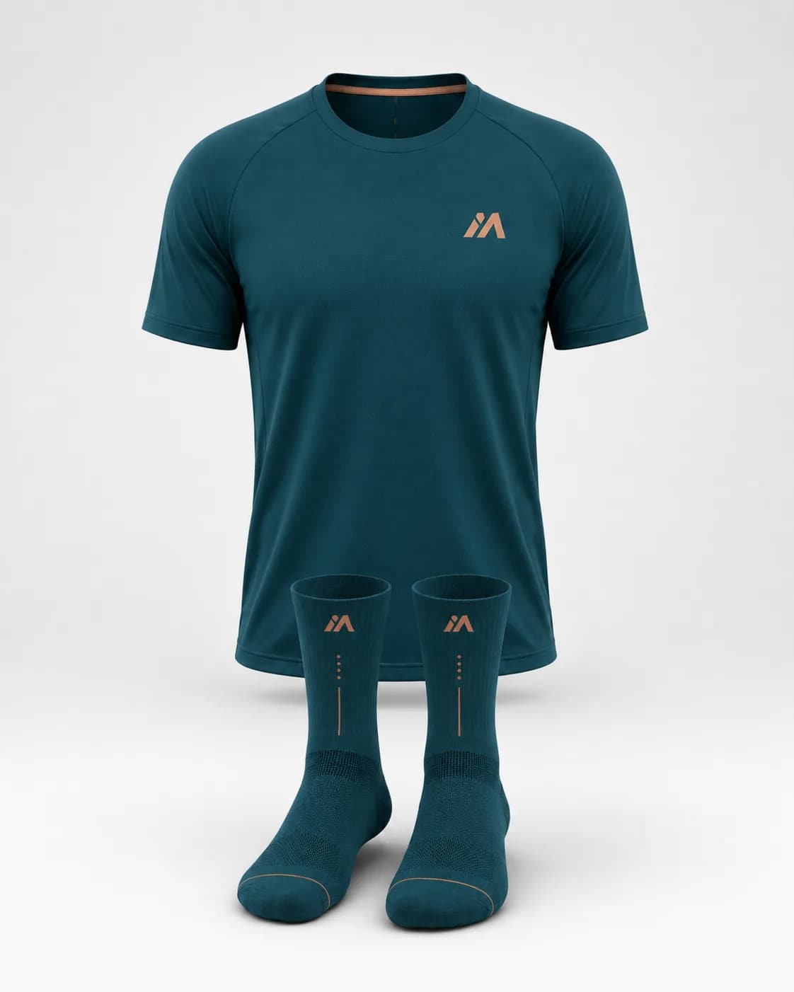 Pack maillot et chaussettes de running MINAO Abysse vert et cuivre – vues de face et de dos